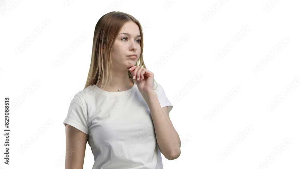 A woman, close-up, on a white background, thinks A woman, close-up, on a white background, thinks