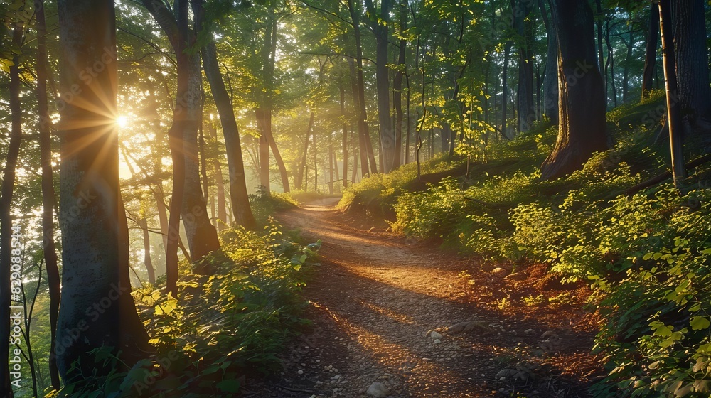 Scenic hiking trail winding through a dense forest, sunlight filtering through the trees, and a serene, natural atmosphere