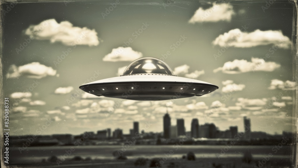 A black and white photo of a flying object over the city, AI A black and white photo of a flying object over the city, AI