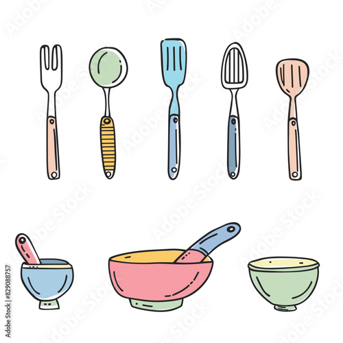 Handdrawn kitchen utensils illustration, colorful cooking, sketchstyle drawing. Cartoon kitchenware, fork, spoon, spatula, bowls, ladle, chef equipment cooks utensils set Colorful