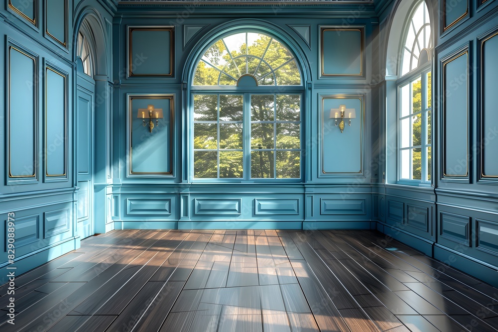 Fototapeta premium Room with blue walls and wooden floor