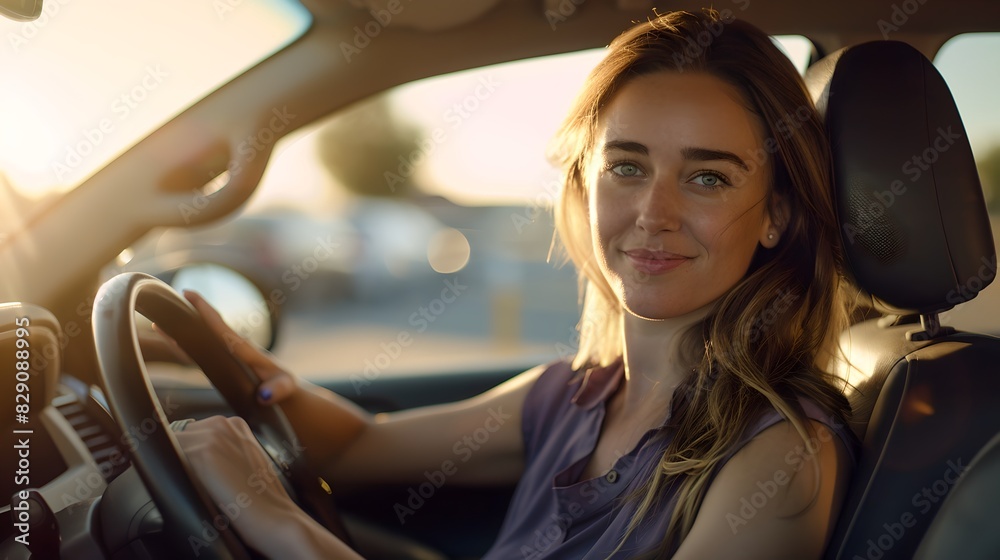 Woman driving car in sunset light. Casual style. An AI-generated image showing a happy and relaxed female driver. License-free image. AI Woman driving car in sunset light. Casual style. An AI-generated image showing a happy and relaxed female driver. License-free image. AI