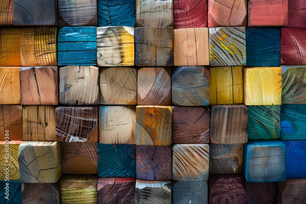 Assorted wooden blocks stacked closely Assorted wooden blocks stacked closely