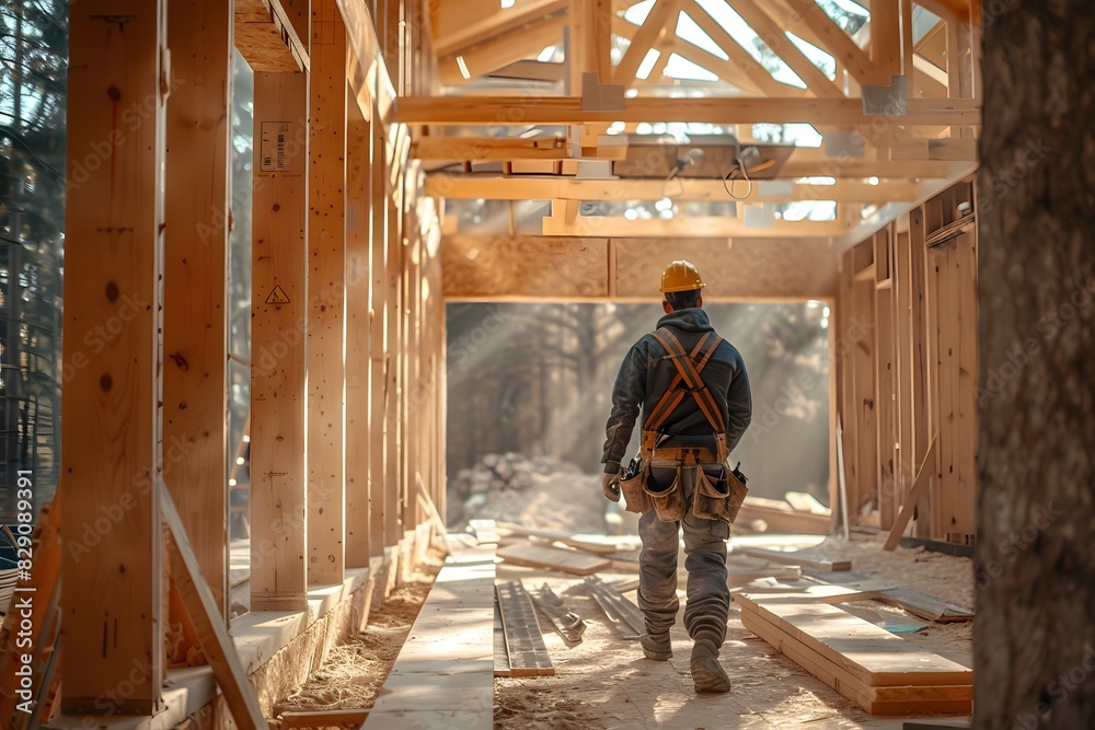 Construction worker navigating unfinished building Construction worker navigating unfinished building