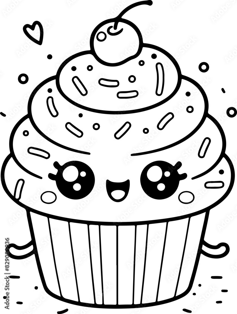 Cupcake Line art dessin au trait style kawaii de personnage heureux pour page ou livre de coloriage pour enfant. Vecteur noir totalement transparent et isolé du fond. 