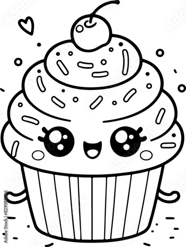 Cupcake Line art dessin au trait style kawaii de personnage heureux pour page ou livre de coloriage pour enfant. Vecteur noir totalement transparent et isolé du fond. 