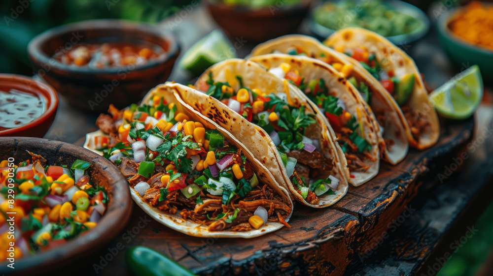 Overhead shot of a dinner table with Mexican food and hands. Tacos, beans, carnitas, habanero, salsa,generative ai Overhead shot of a dinner table with Mexican food and hands. Tacos, beans, carnitas, habanero, salsa,generative ai