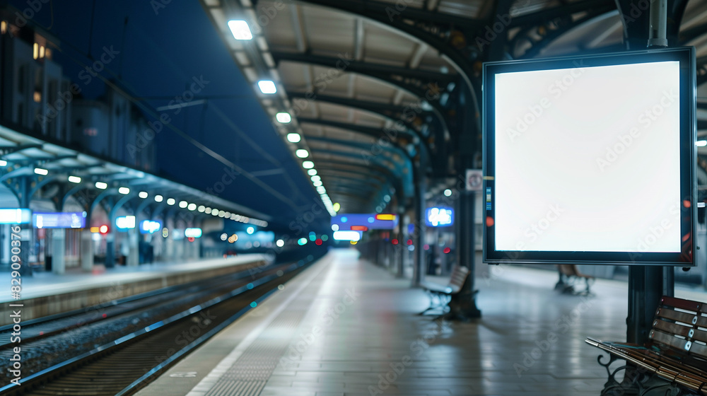 A blank empty canvas poster screen board hanging on a wall at a railway station A blank empty canvas poster screen board hanging on a wall at a railway station
