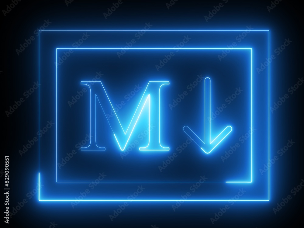 A glowing neon blue icon featuring the letter 'M' and a downward arrow, symbolizing Markdown. The icon has a futuristic and digital appearance with a dark background.