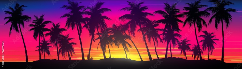Tropical palm trees silhouetted against a vibrant sunset, creating a serene and picturesque beach scene.