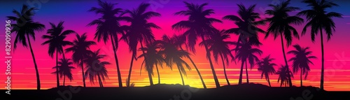 Tropical palm trees silhouetted against a vibrant sunset  creating a serene and picturesque beach scene.