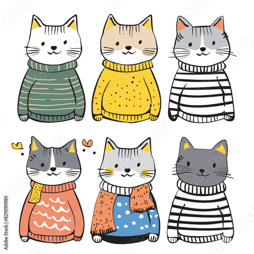 Six cute cartoon cats wearing various colorful sweaters. Happy cats different patterns colors, smiling faces, hearts floating around. Cartoon feline characters dressed winter clothing, cheerful