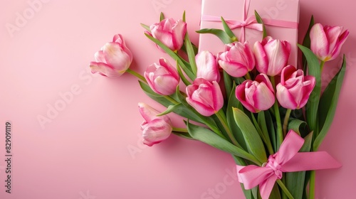 Stylish Pink Giftbox and Tulip Bouquet on Mother s Day Theme