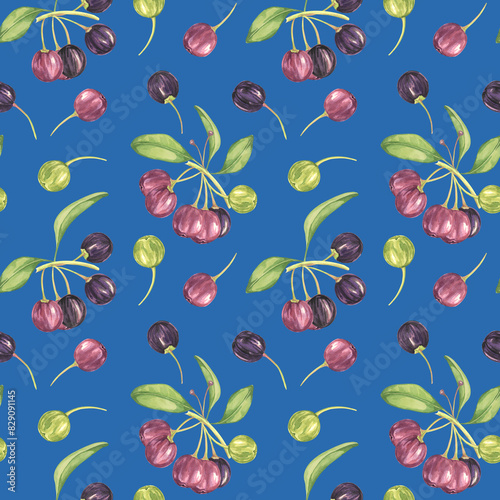 Maqui berry, purple pink fruit seamless pattern with leaves. Aristotelia chilensis textile watercolor ornament clipart. Vibrant Chilean wineberry print for clothing, paper, scrapbooking, wallpaper photo