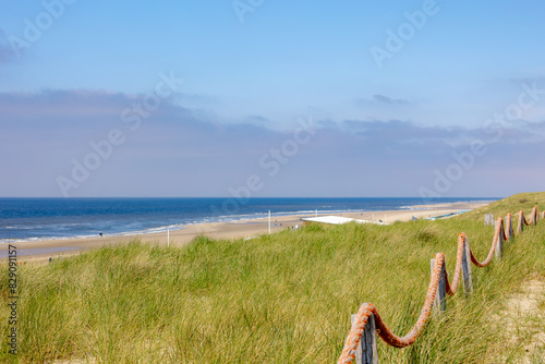 Typical landscape of Island in north sea under blue sky, Beach path and european marram beach grass on the sand dunes, De Koog is a village in the Dutch province of North Holland, Texel, Netherlands. photo