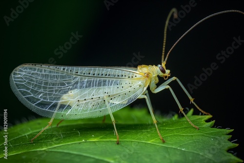 a white and orange insect on a green leaf with black background