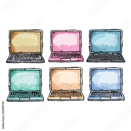 Six colorful handdrawn laptops depicted, unique pastelcolored screens. Sketched laptops appear simplistic black outlines, hinting digital art. Vector arrayed two three, suggesting diversity