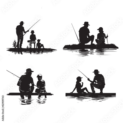 Father and Children Fishing Vector Silhouette Set