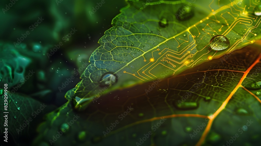 © thung - Rain drop delicately placed on a vibrant leaf, with a subtle overlay of digital circuitry highlighting the synergy of nature and technology