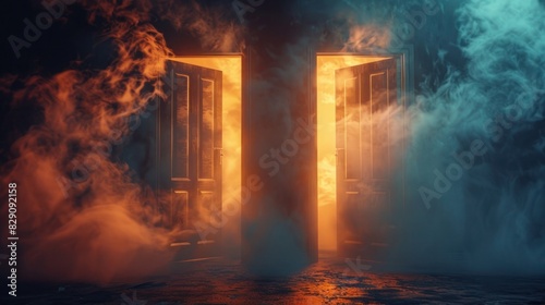 Two slightly open doors with orange and blue smoke, symbolizing the choice of path