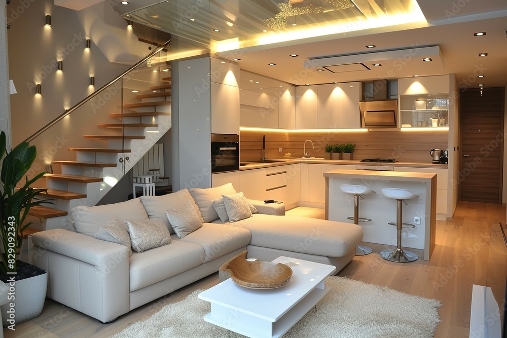 Living room with kitchen annexe in a modern studio apartment for rent. Interior design. Living room with kitchen annexe in a modern studio apartment for rent. Interior design.