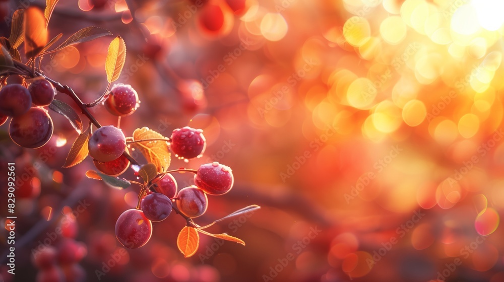 Plum Tree Branch with Ripe Plums in Garden at Sunset - AI Generated Plum Tree Branch with Ripe Plums in Garden at Sunset - AI Generated