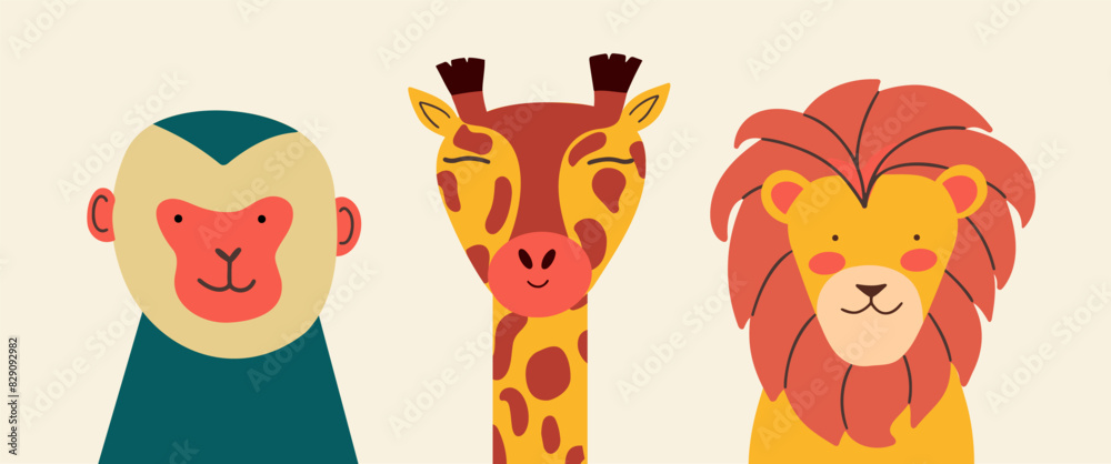 Naklejka premium Cute portraits baby jungle animals. Giraffe, lion, monkey. Cartoon wildlife character. Vector illustration.