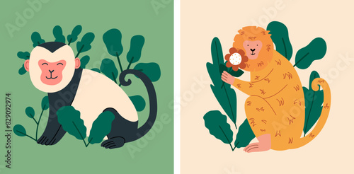 Cards with funny cute friendly monkeys in nature. Childish flat design postcards. Vector illustration