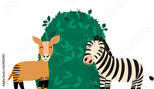 Baby illustration with cute animals. Happy zebra and okapi on nature.
