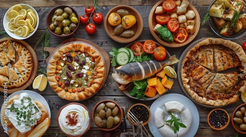 Top View Greek Food Selection: Salad, Meze, Pie, Fish, Tzatziki photo