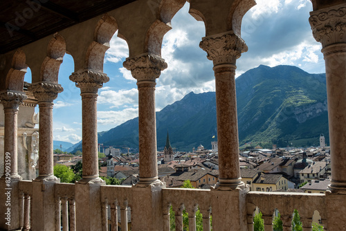 View of Trento cityscape and mountain backdrop from Buonconsiglio Castle Museum, Trentino-Alto Adige, South Tyrol, Italy photo