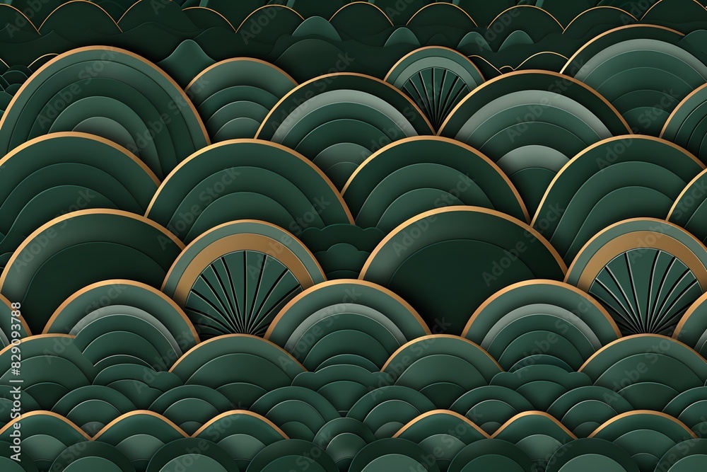 Detailed green fan design with gold trim