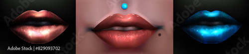 Collection lips retro halftone on the black background. Female lips in style modern dotted pop art style. Vector vinous lips. Realistic sexually open mouth with white teeth.  Piercing.