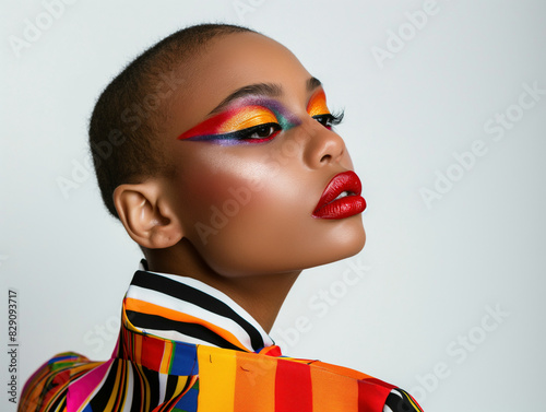 Stunning model with vibrant, artistic makeup and bold red lips, wearing a colorful, striped outfit; perfect for fashion editorials, beauty campaigns, and makeup tutorials.
