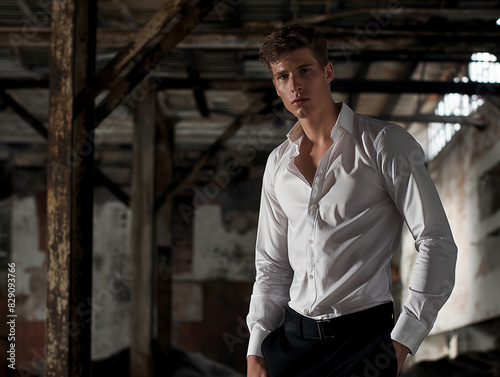 Stylish young man in an unbuttoned white shirt poses confidently in an industrial, rustic setting, creating a striking contrast between his polished look and the rugged background. © Antonio