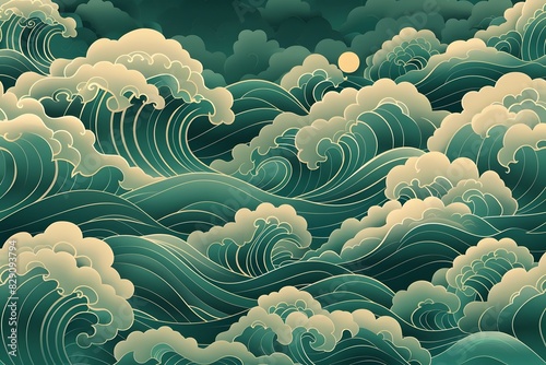 Detailed painting waves clouds photo