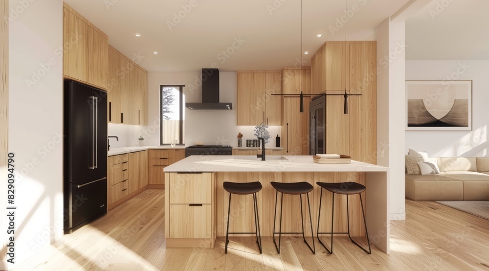 Fototapeta premium Modern Nordic kitchen interior with light wood cabinetry