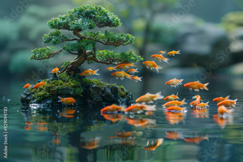 A tranquil Japanese garden, where meticulously groomed bonsai trees and tranquil koi ponds create a sense of harmonious serenity. Concept of Zen tranquility. Generative Ai. © Sebastian
