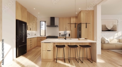 Modern Nordic kitchen interior with light wood cabinetry