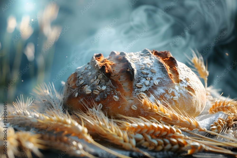 Bread loaf on table with wheat Bread loaf on table with wheat