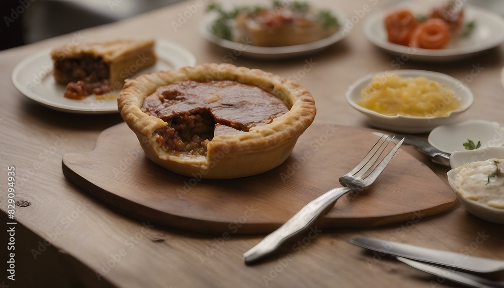 A delicious meat pie with sauce on a wooden board, accompanied by a fork and knife for enjoying it. Two smaller pieces of cake add variety to the meal options. A delicious meat pie with sauce on a wooden board, accompanied by a fork and knife for enjoying it. Two smaller pieces of cake add variety to the meal options.