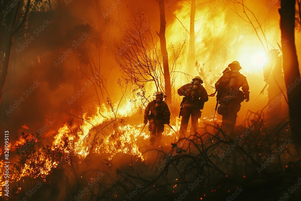 Fototapeta premium Firefighters battling a large wildfire in a forest, surrounded by flames