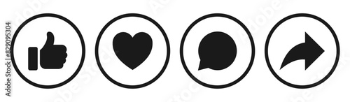 Like, comment, share icon button set. Social media notification icons : Thumbs up and love heart flat icon , social network user interface flat icons, post reactions. Vector illustration