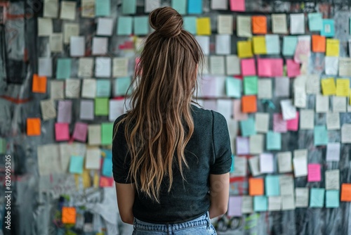 Woman Observing Colorful Paper Stickers and Sticky Notes on Wall, Back View