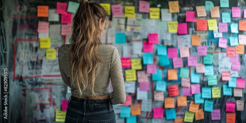 Woman Observing Colorful Paper Stickers and Sticky Notes on Wall, Back View