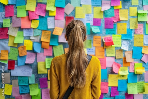 Woman in Yellow Jacket Viewing Colorful Paper Stickers and Sticky Notes on Wall, Back View