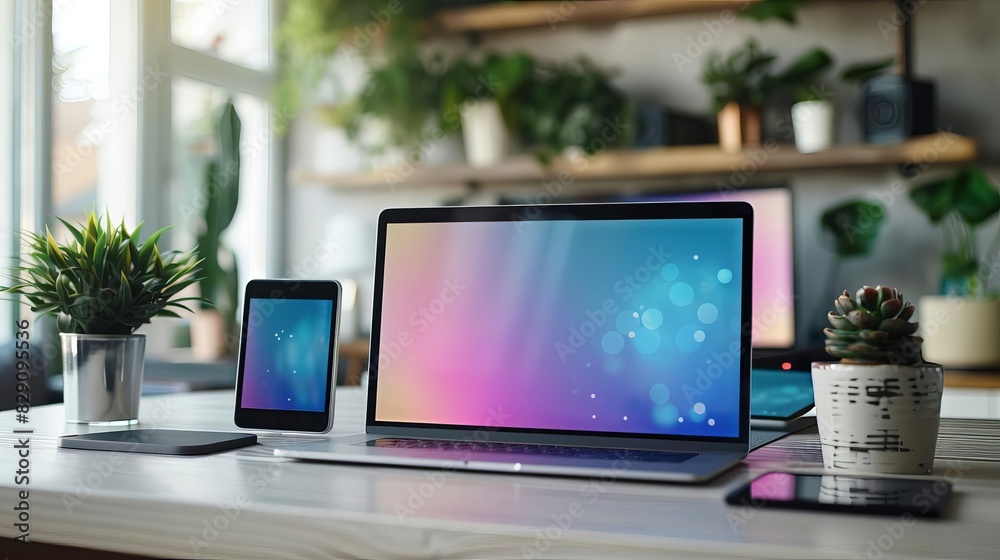 Fototapeta premium Sleek modern technology devices on a minimalist desk, including a laptop, smartphone, and tablet, all with vibrant screens