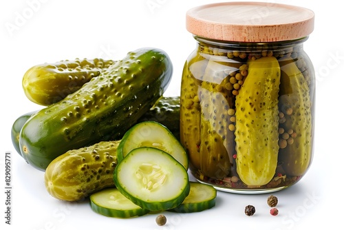 Numerous pickles in jar, wooden lid photo