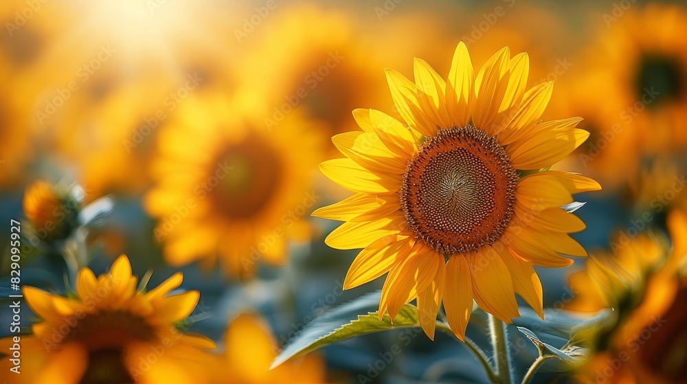 Fototapeta premium Vast sunflower field in full bloom under a clear blue sky, with golden flowers stretching as far as the eye can see