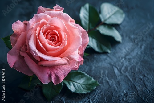 Single pink rose on black table
